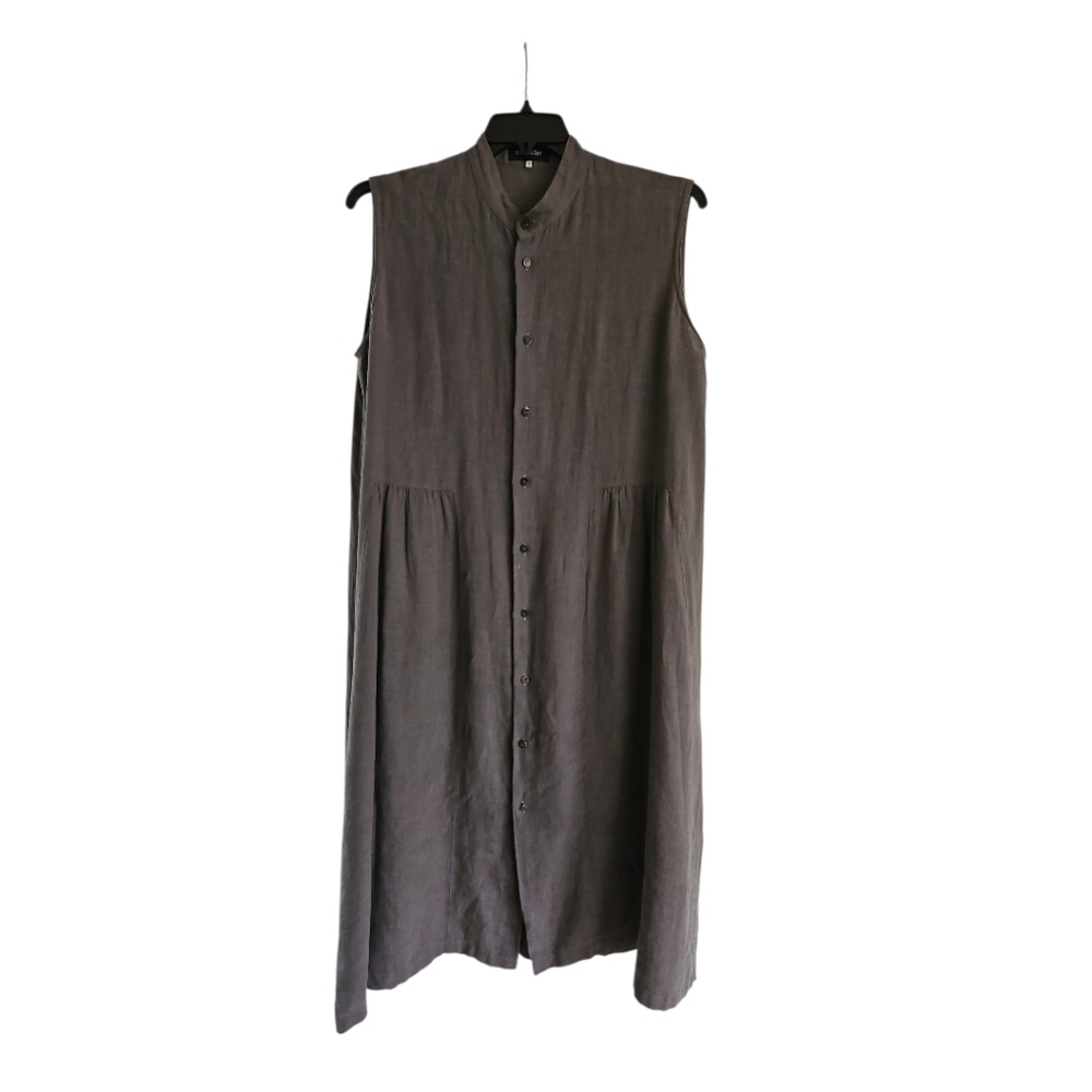 Linen Dress Eksandar 1 Gray / Green Sleveless Button Front Lagenlook Pockets